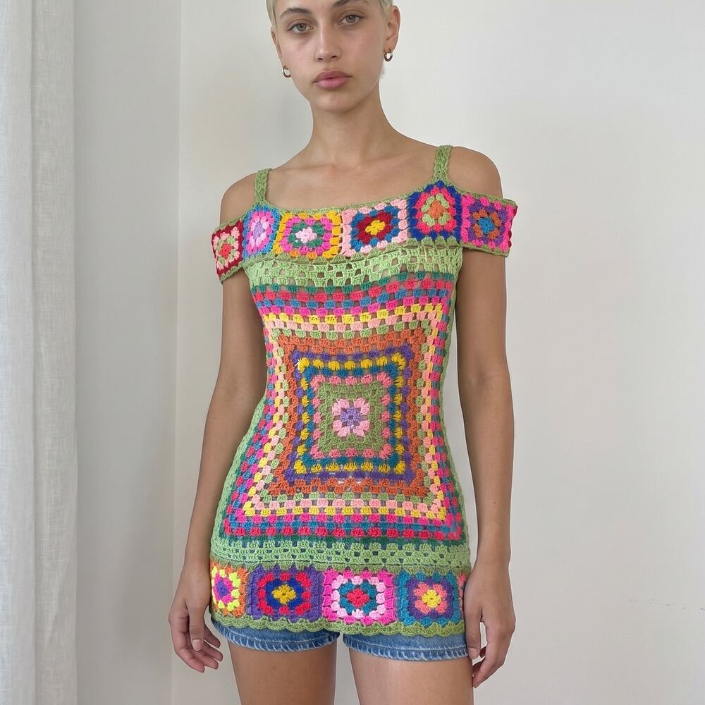 Vintage Italian Handmade Rainbow Crochet Mini Dress or Tunic Top (S/M)